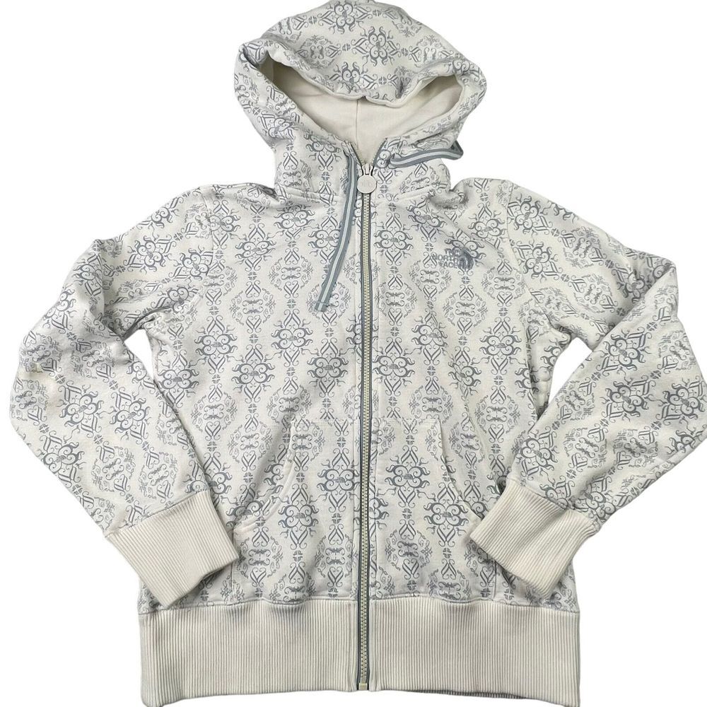 North‎ Face Womens Sweater Size Medium Blue White Scroll Print Fleece Hoodie Zip